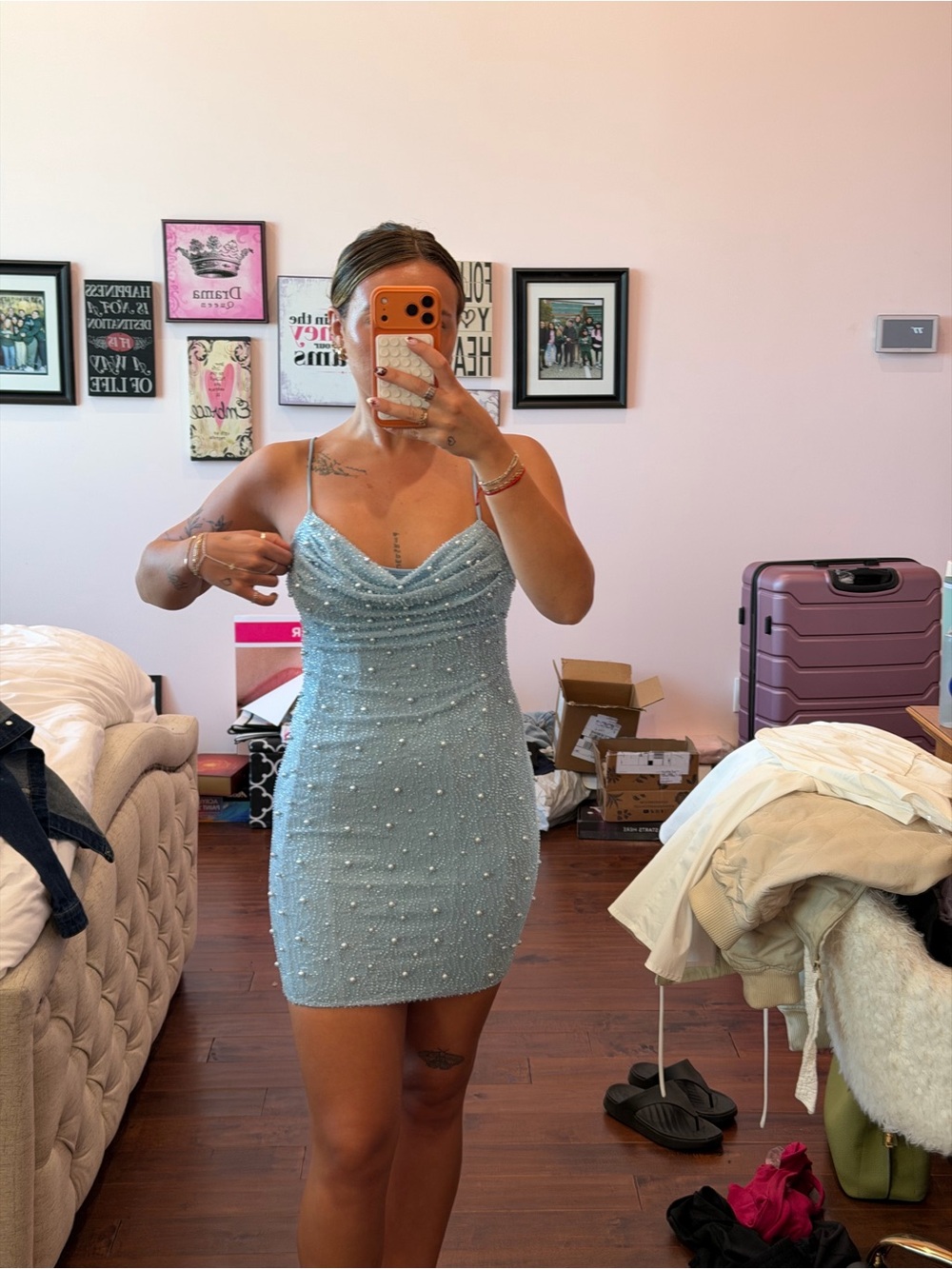 Oh Polly Light Blue Pearl-Embellished Mini Dress